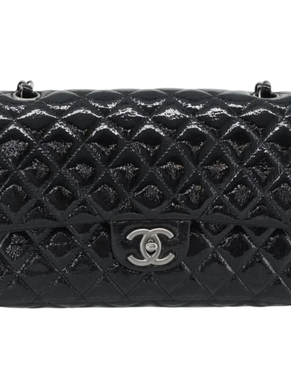 CHANEL Matelasse 25 Chain Bag Patent leather Black Silver CC Auth 189112SM